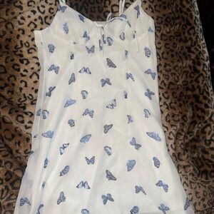 Divided White Dress with Blue Butterfly Pattern